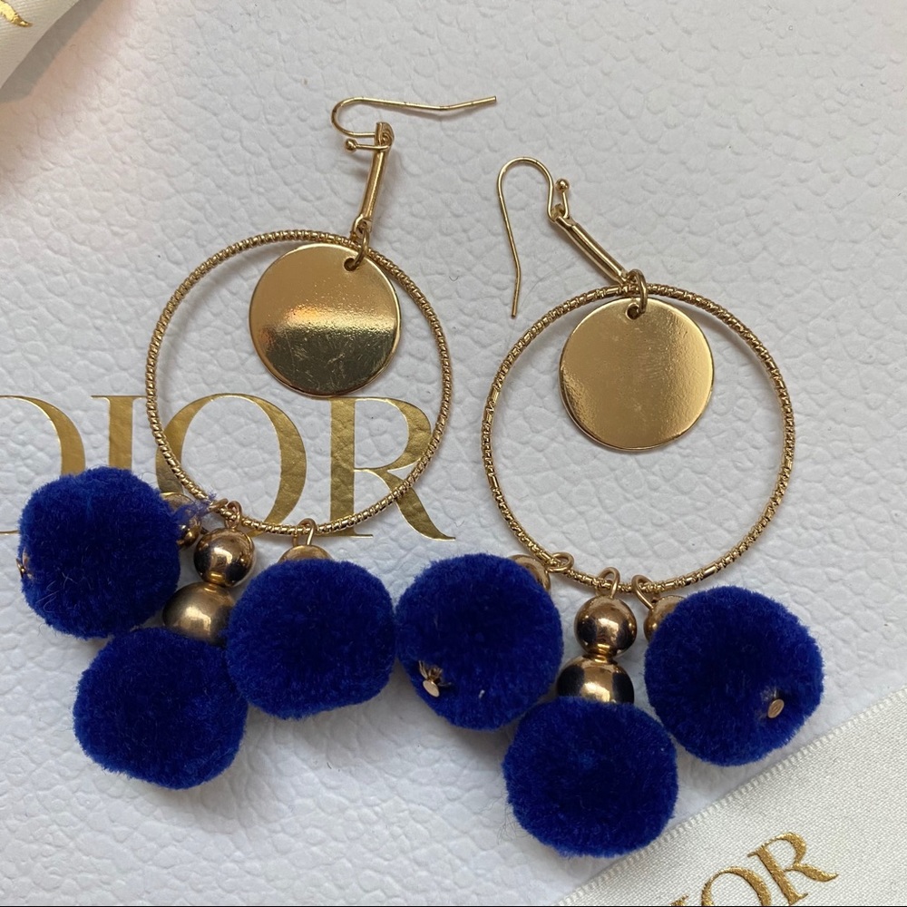 Puff ball royal blue earrings